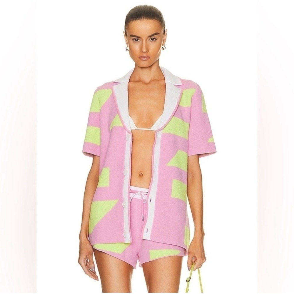 SER.O.YA Lei Shirt Beau Shorts Knit Set Pink Lime Geometric Button Down - Medium